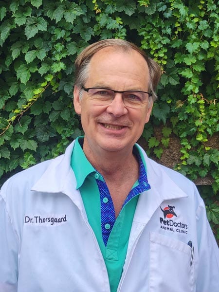 Middle-aged man wearing glasses and a white lab coat labeled "Dr. Thorsgaard" stands outdoors in front of green ivy.