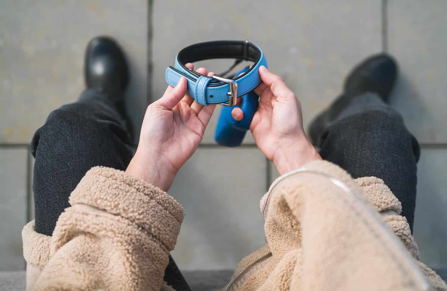 Person holding a blue dog collar while seated, wearing a beige jacket and black pants.