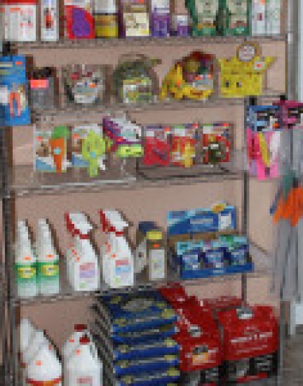 A store shelf with various pet products, including grooming tools, treats, cleaning supplies, and toys.