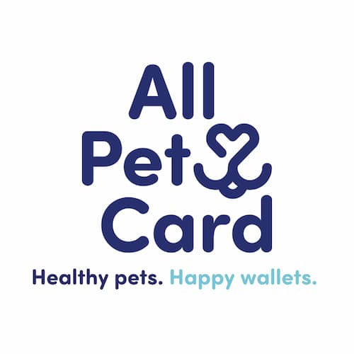Logo for "All Pet Card" with a heart-shaped outline forming part of the "t". Tagline below reads "Healthy pets. Happy wallets." in blue and turquoise text.